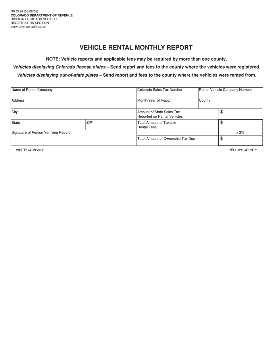 Form DR2224 Vehicle Rental Monthly Report - Colorado, Page 1