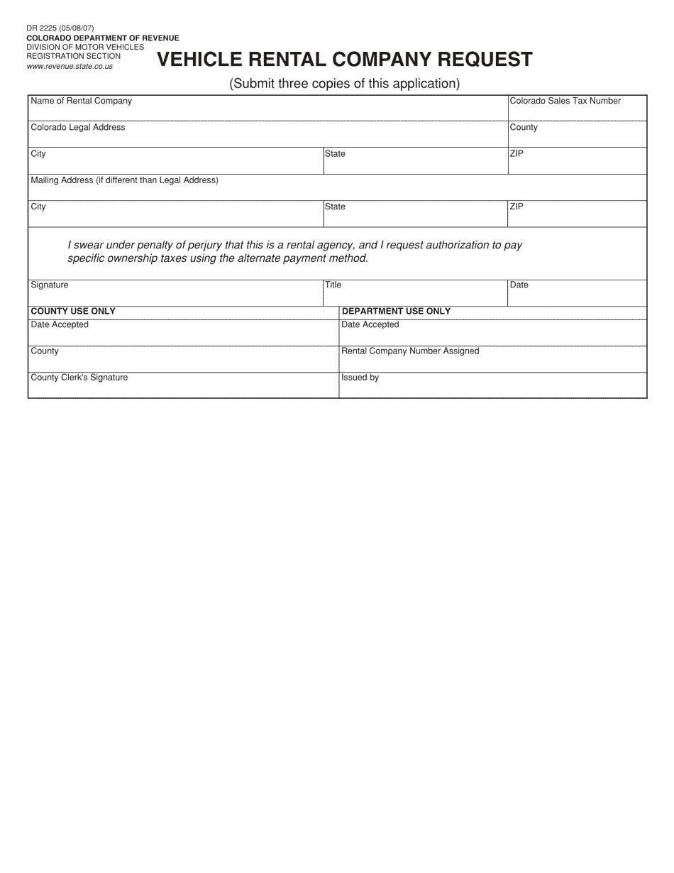 Form DR2225 Vehicle Rental Company Request - Colorado, Page 1