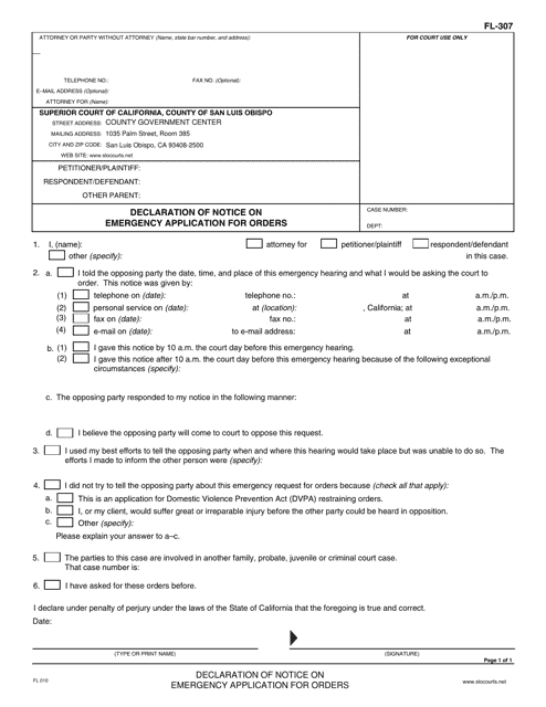 Form FL-307 Declaration of Notice on Emergency Application for Orders - San Luis Obispo County, California