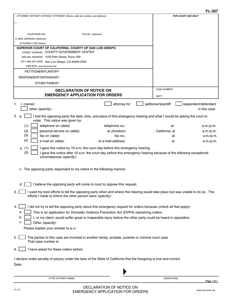 Form FL-307 - Fill Out, Sign Online and Download Fillable PDF, San Luis ...