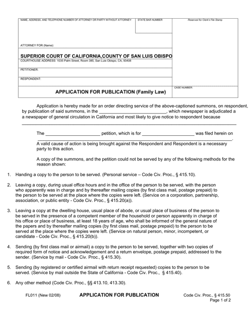 Form FL011 Application for Publication (Family Law) - San Luis Obispo County, California
