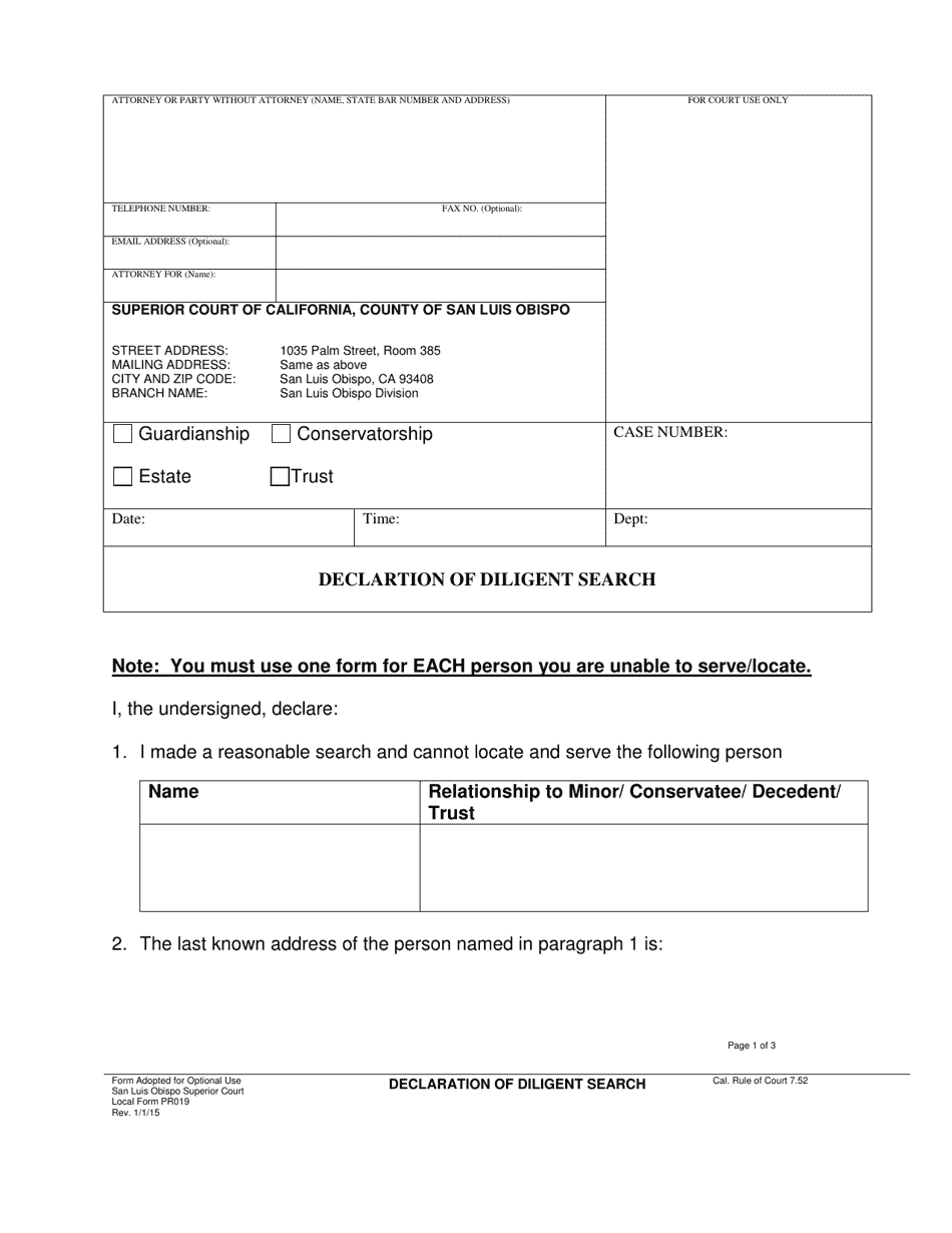 Form PR019 Declartion of Diligent Search - San Luis Obispo County, California, Page 1
