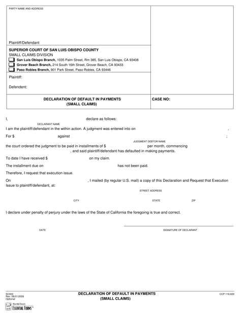 Form SC002 Declaration of Default in Payments (Small Claims) - San Luis Obispo County, California