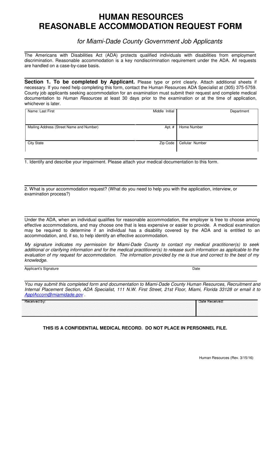 Human Resources Reasonable Accommodation Request Form for Miami-Dade County Government Job Applicants - Miami-Dade County, Florida, Page 1