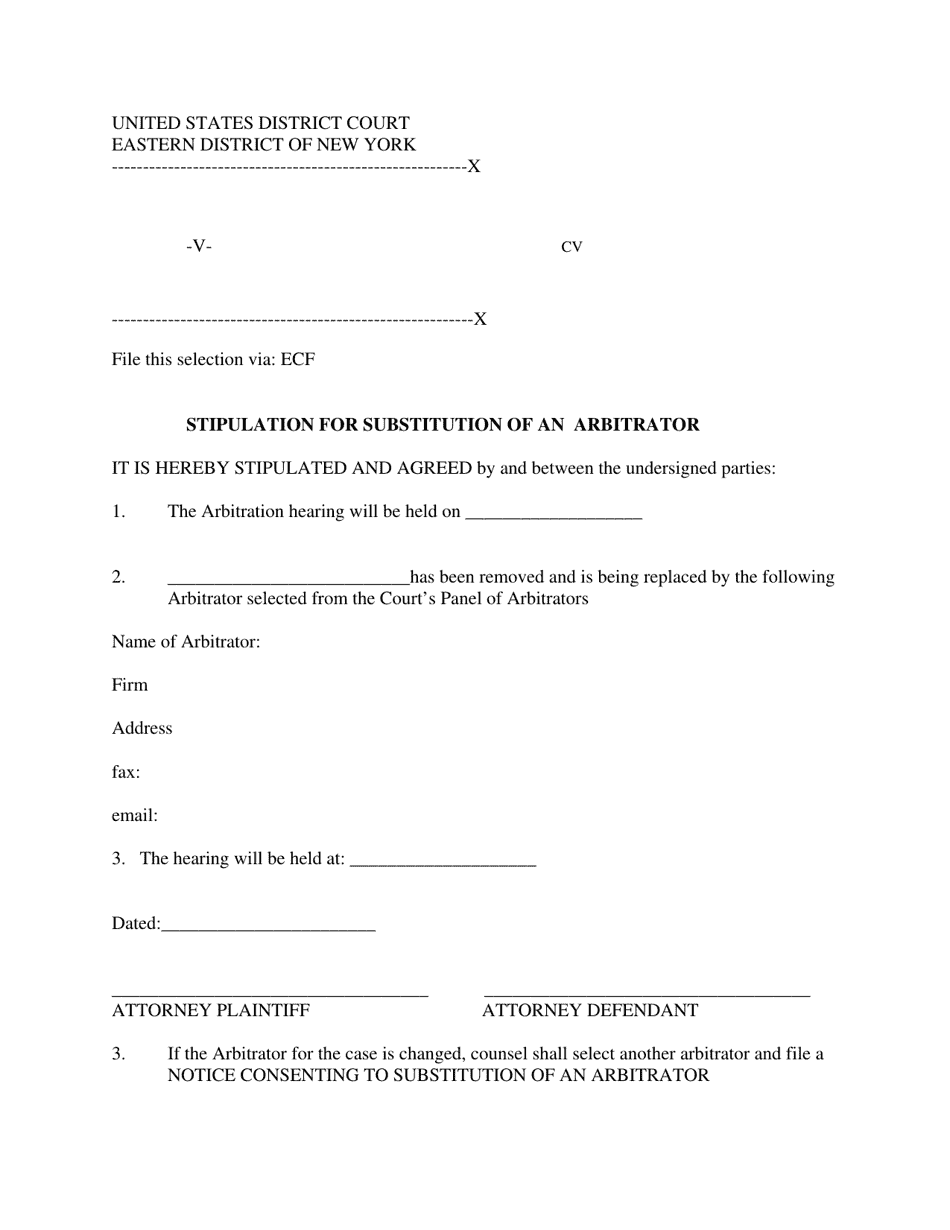 Stipulation for Substitution of an Arbitrator - New York, Page 1