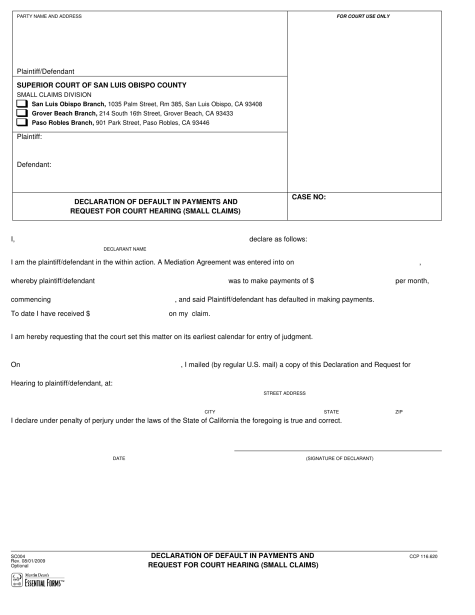 Form SC004 Declaration of Default in Payments and Request for Court Hearing (Small Claims) - San Luis Obispo County, California, Page 1