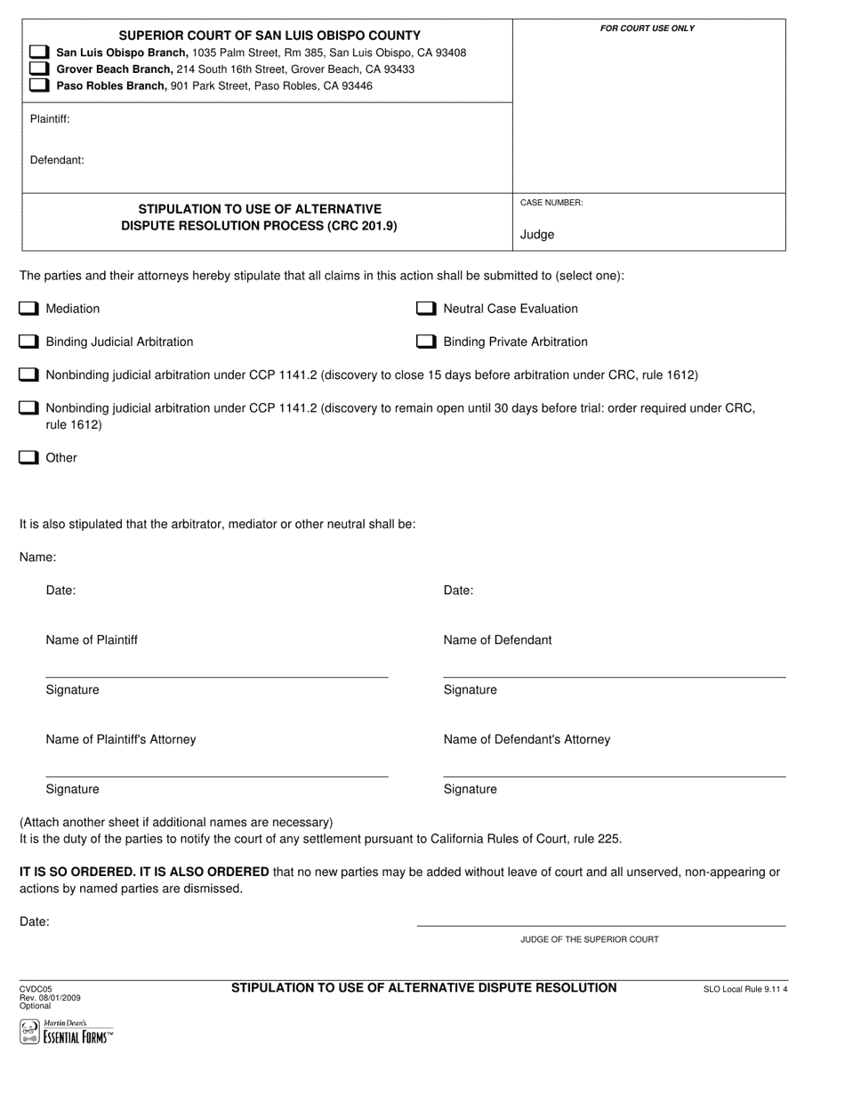 Form CVDC05 Stipulation to Use of Alternative Dispute Resolution Process (Crc 201.9) - San Luis Obispo County, California, Page 1