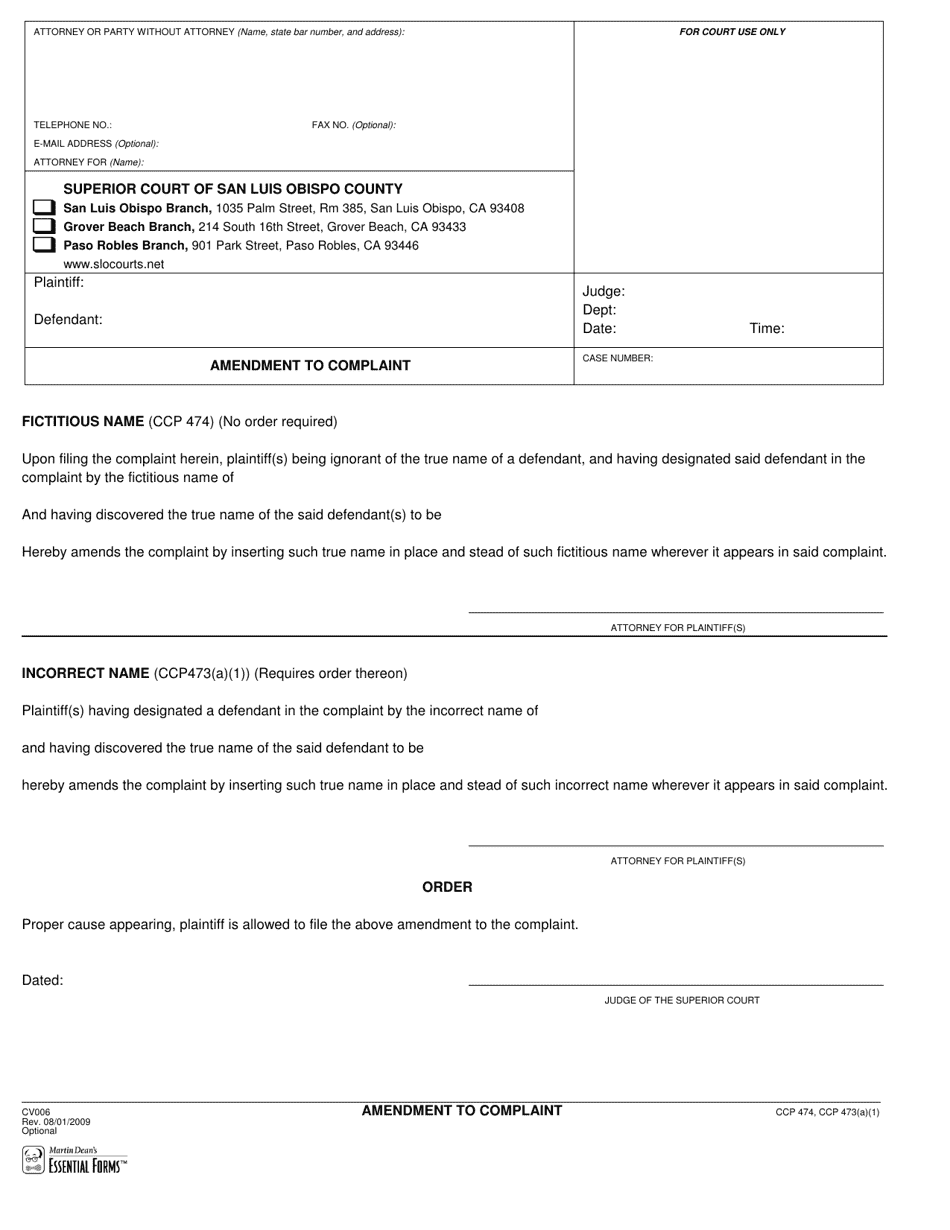Form CV006 Amendment to Complaint - San Luis Obispo County, California, Page 1