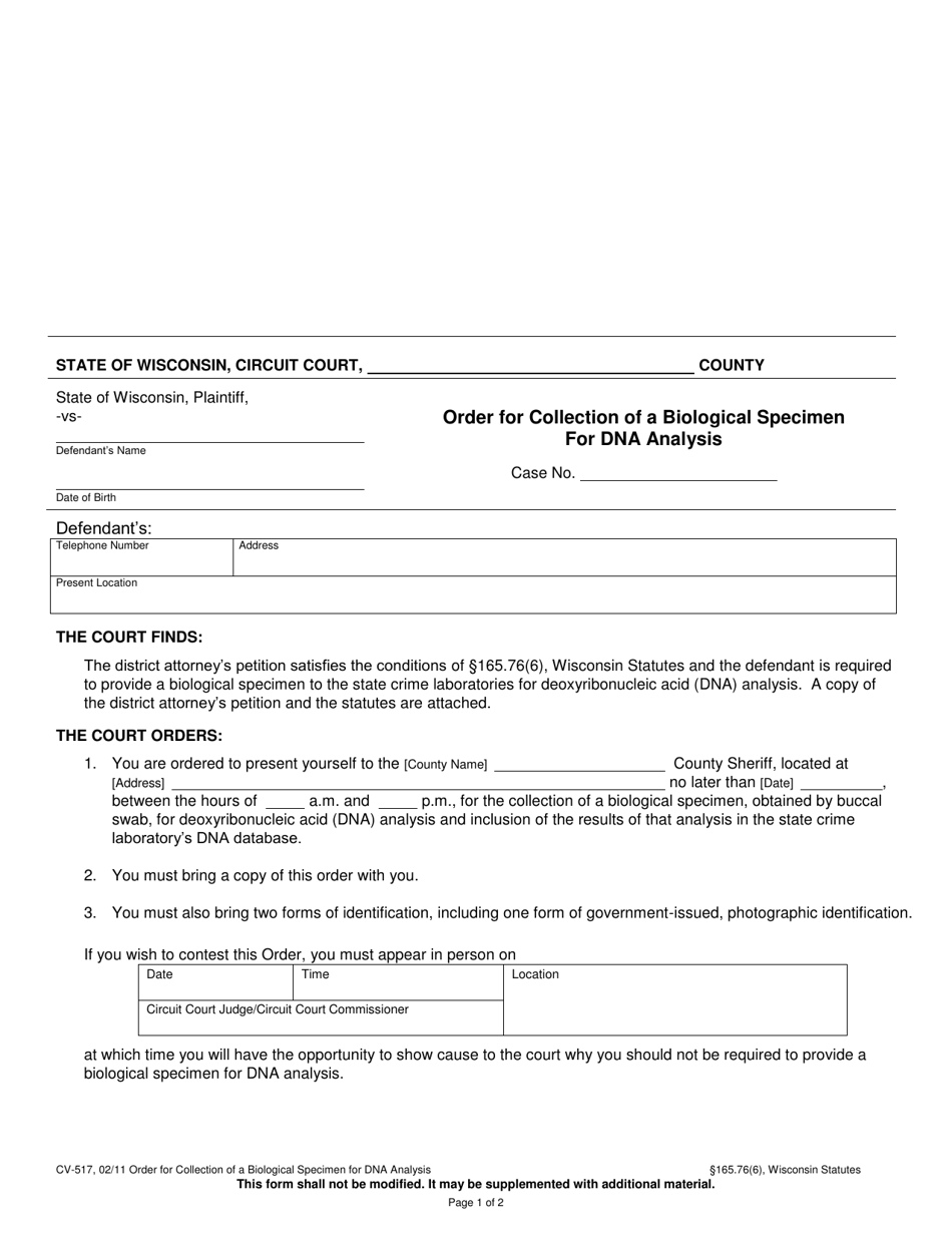 Form CV-517 Order for Collection of a Biological Specimen for Dna Analysis - Wisconsin, Page 1