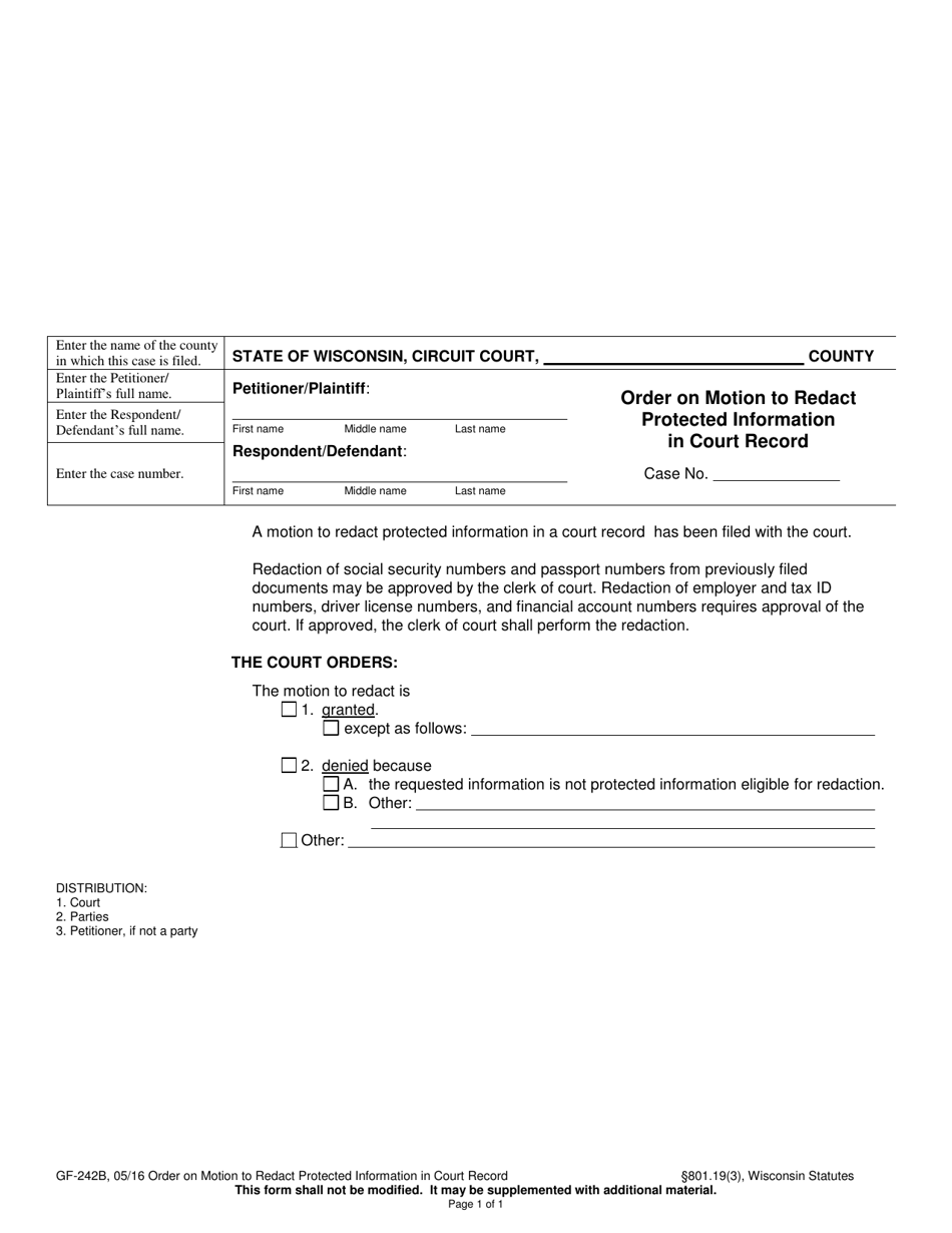 Form GF-242B Order on Motion to Redact Protected Information in Court Record - Wisconsin, Page 1