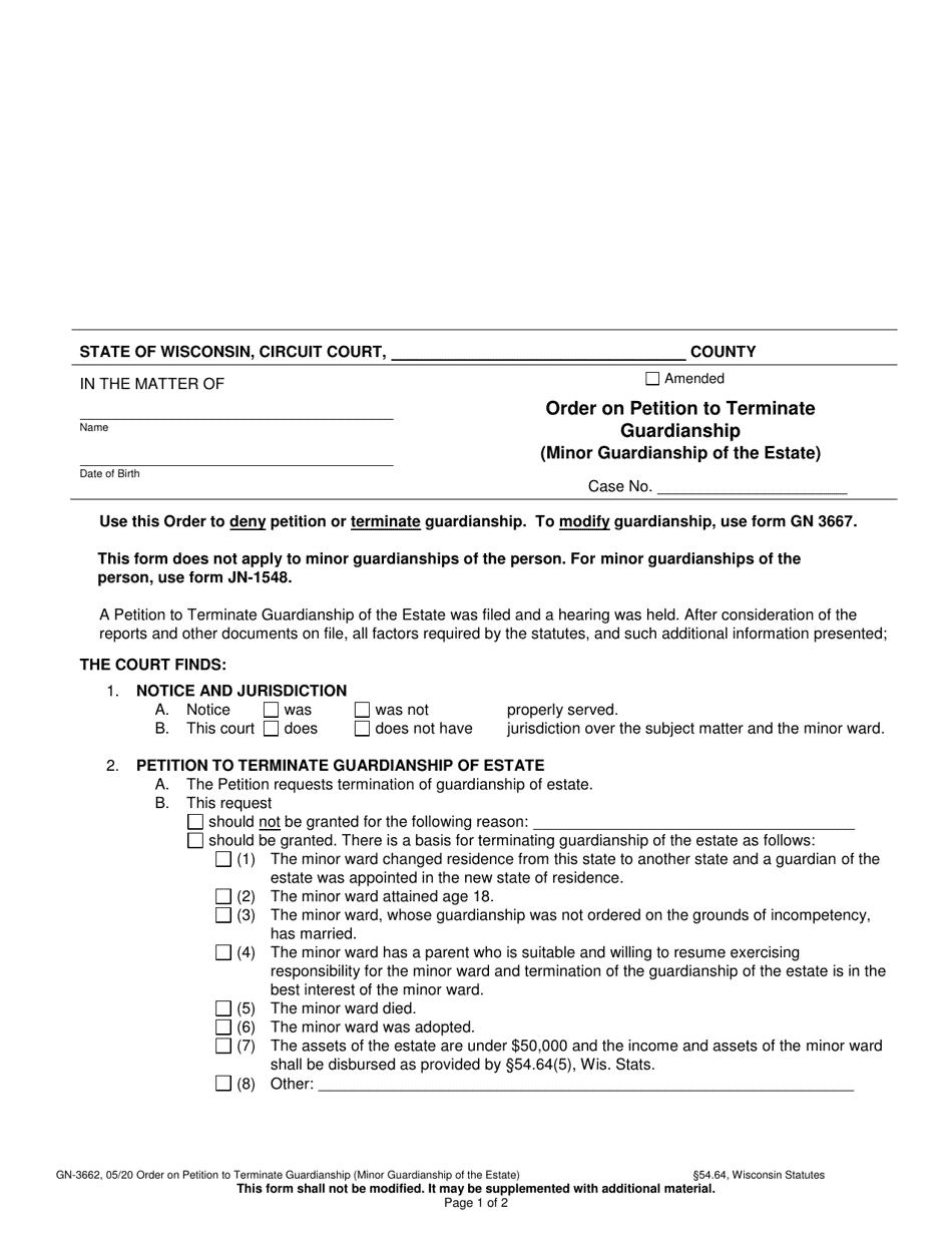 Form GN-3662 Order on Petition to Terminate Guardianship (Minor Guardianship of the Estate) - Wisconsin, Page 1