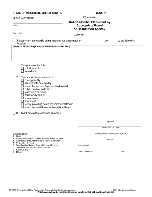 Form GN-4070 Notice of Initial Placement by Appropriate Board or Designated Agency - Wisconsin