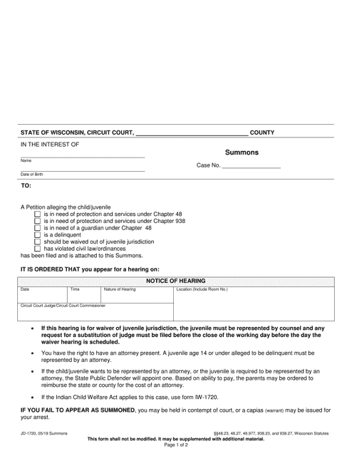 Form JD-1720 Summons - Wisconsin