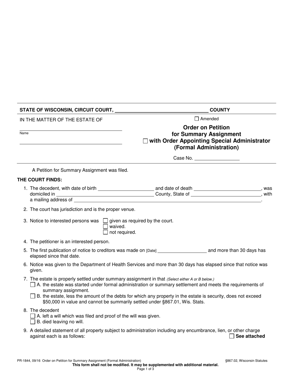 Form PR-1844 Order on Petition for Summary Assignment - Wisconsin, Page 1