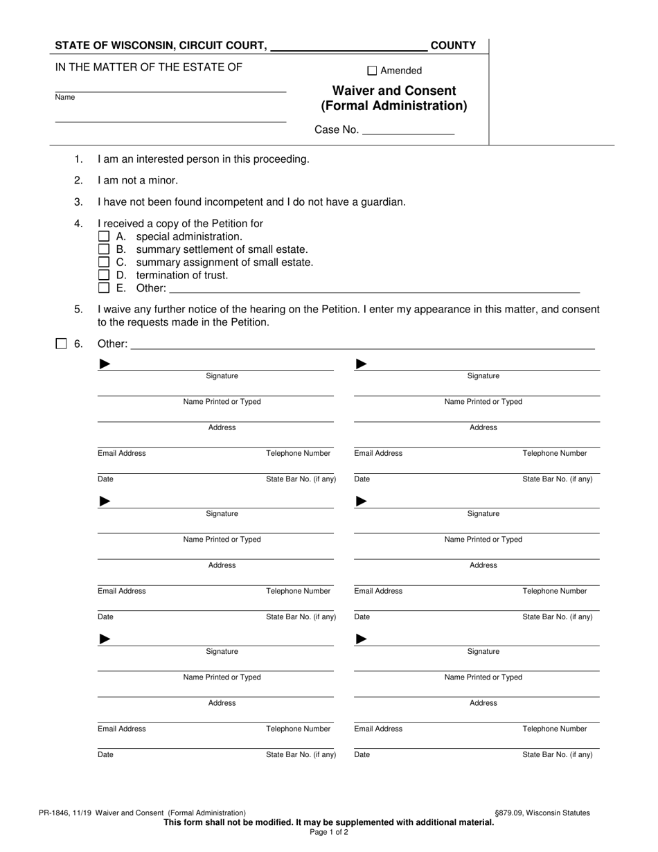 Form PR-1846 Waiver and Consent (Formal Administration) - Wisconsin, Page 1