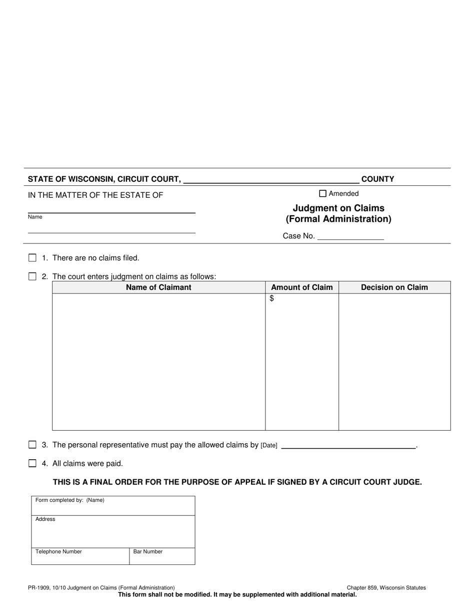 Form PR-1909 Judgment on Claims (Formal Administration) - Wisconsin, Page 1