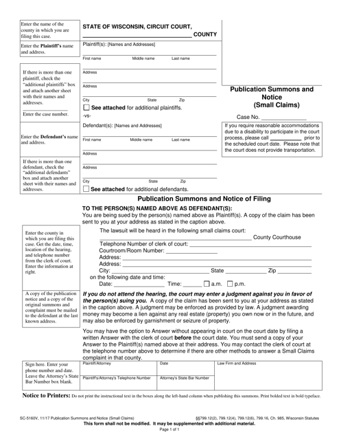 Form SC-5160V Publication Summons and Notice (Small Claims) - Wisconsin