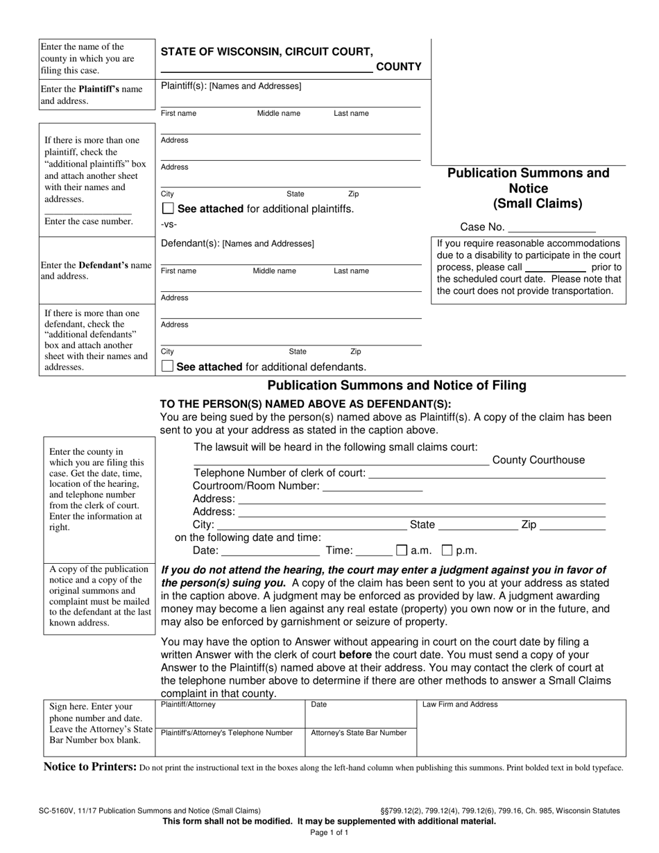 Form SC-5160V Publication Summons and Notice (Small Claims) - Wisconsin, Page 1