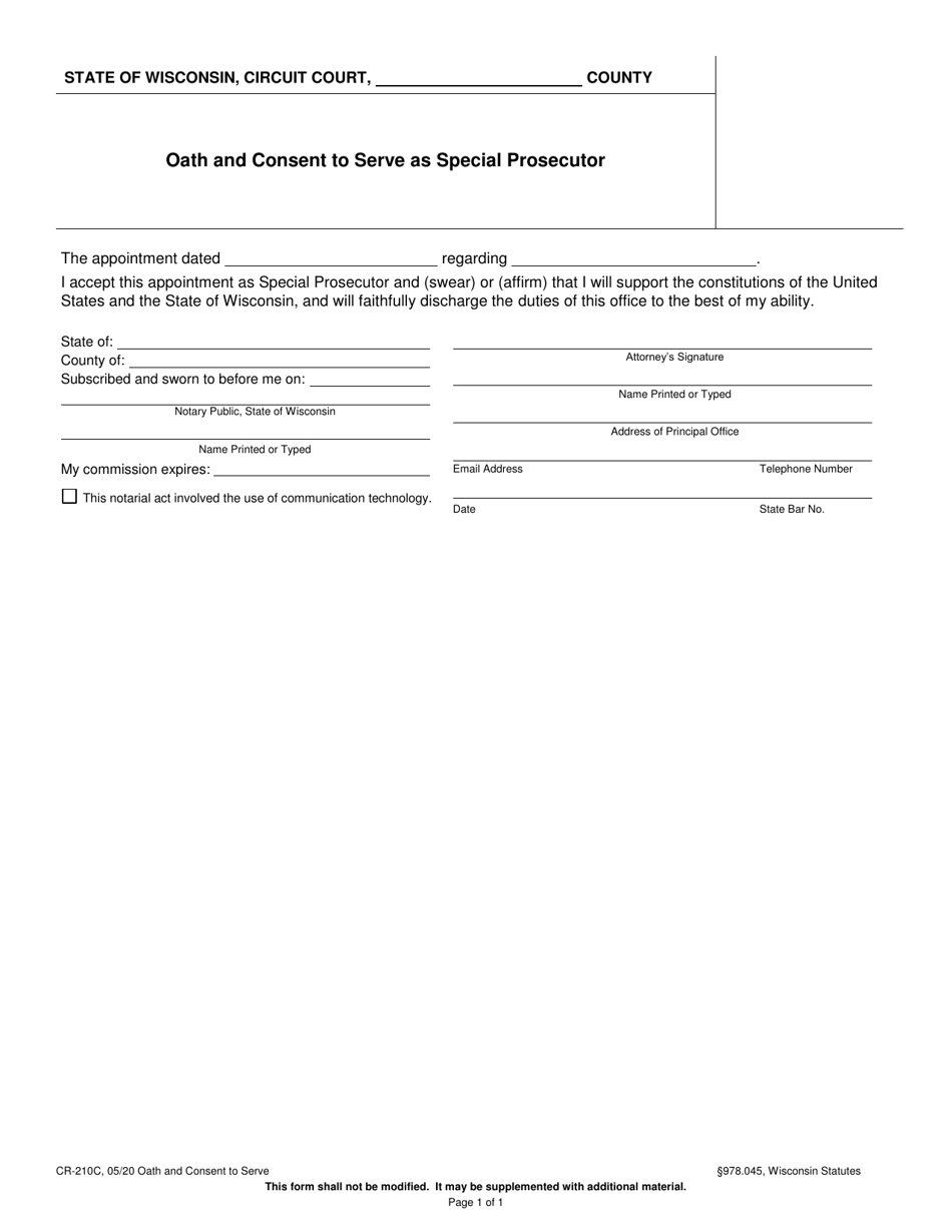 Form CR-210C Oath and Consent to Serve as Special Prosecutor - Wisconsin, Page 1