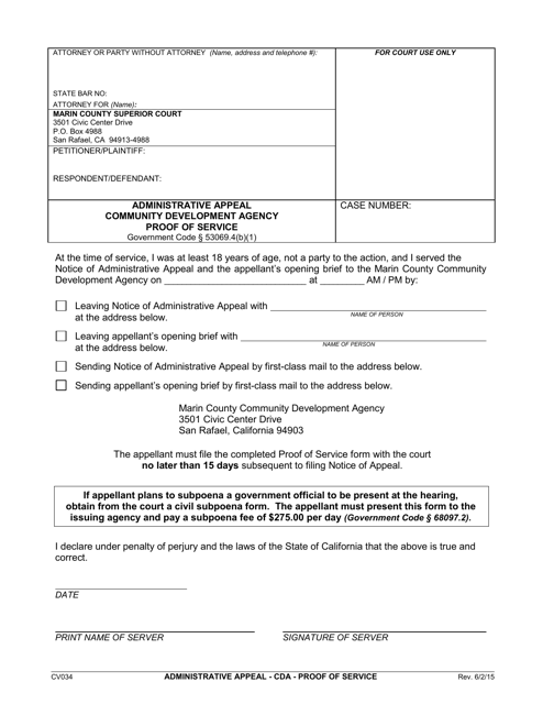 Form CV034 Administrative Appeal Community Development Agency Proof of Service - County of Marin, California