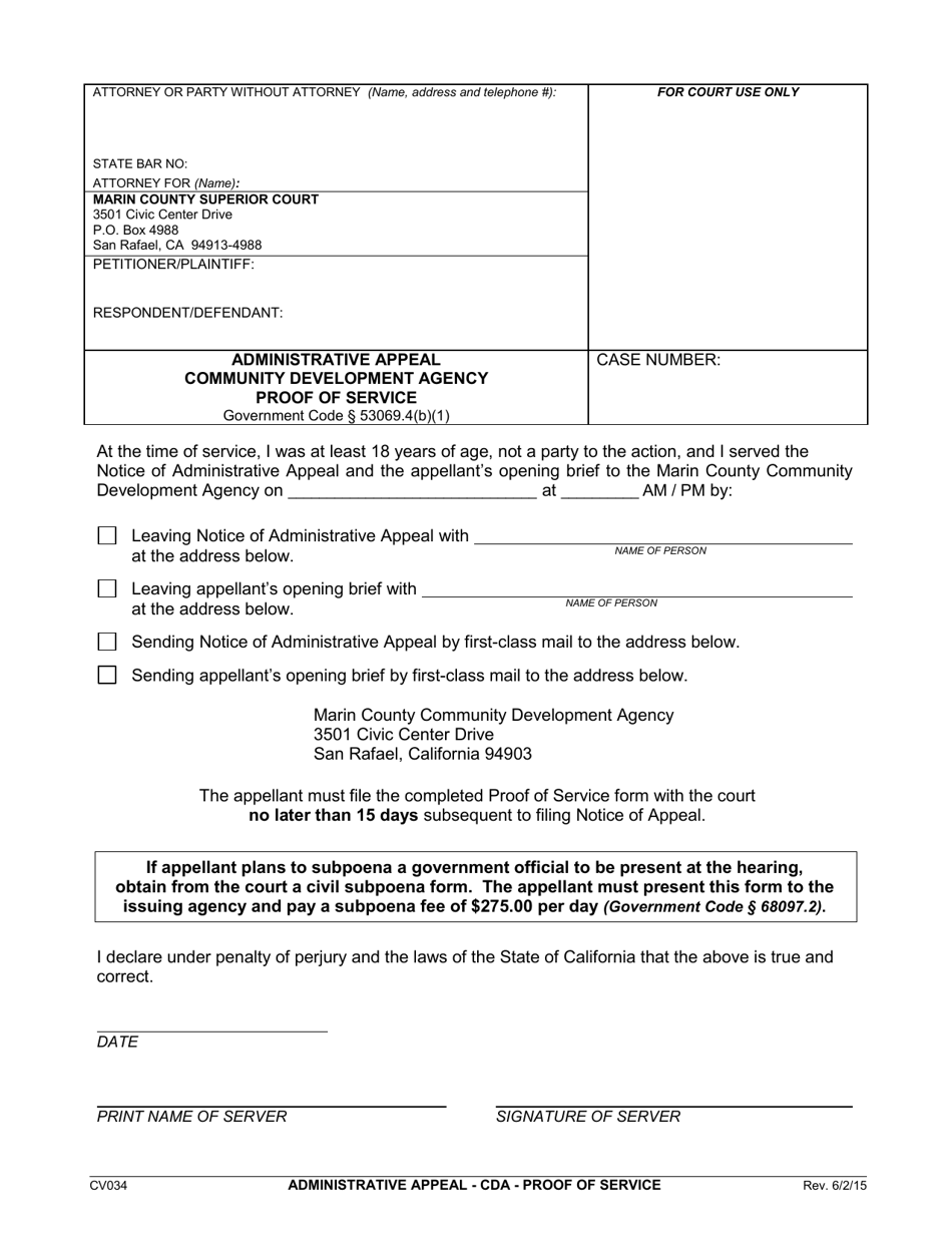 Form CV034 Administrative Appeal Community Development Agency Proof of Service - County of Marin, California, Page 1