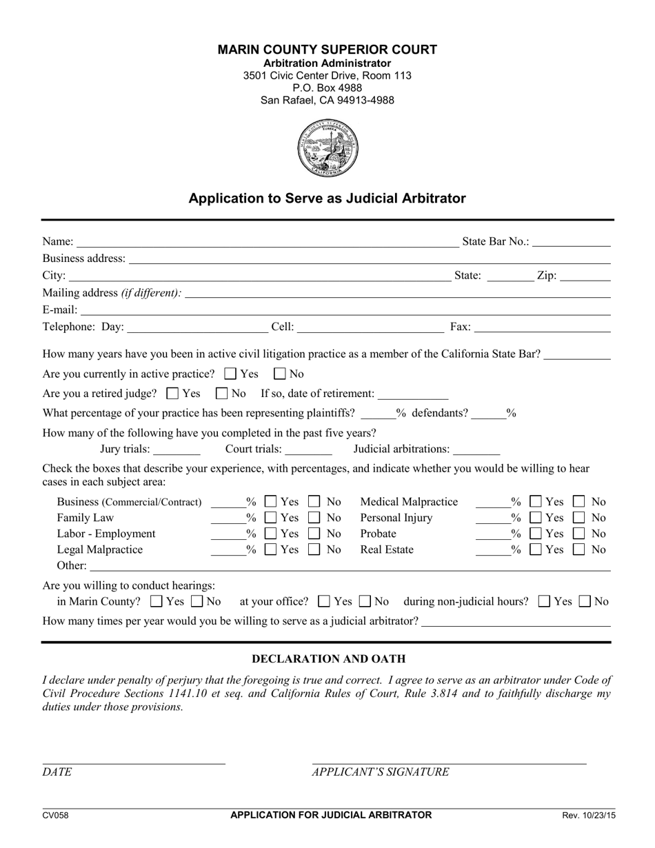 Form CV058 Application to Serve as Judicial Arbitrator - County of Marin, California, Page 1