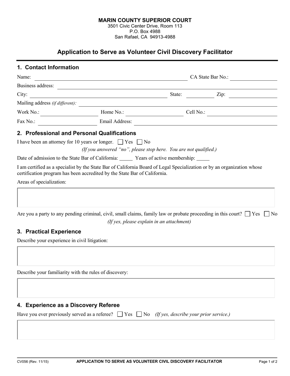 Form CV056 Application to Serve as Volunteer Civil Discovery Facilitator - County of Marin, California, Page 1