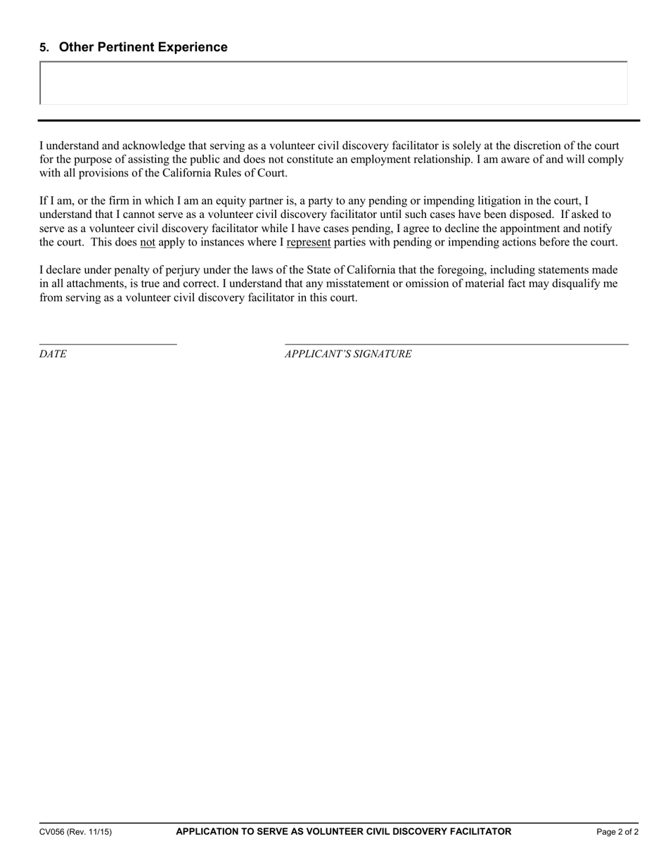 Form CV056 Application to Serve as Volunteer Civil Discovery Facilitator - County of Marin, California, Page 2