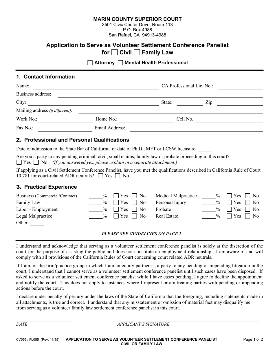 Form CV055 (FL055) Application to Serve as Volunteer Settlement Conference Panelist Civil or Family Law - County of Marin, California, Page 1