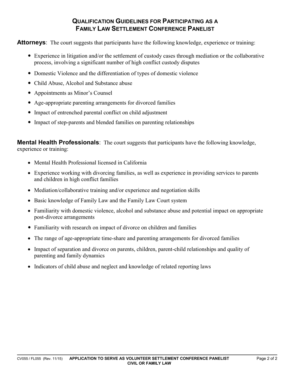 Form CV055 (FL055) Application to Serve as Volunteer Settlement Conference Panelist Civil or Family Law - County of Marin, California, Page 2