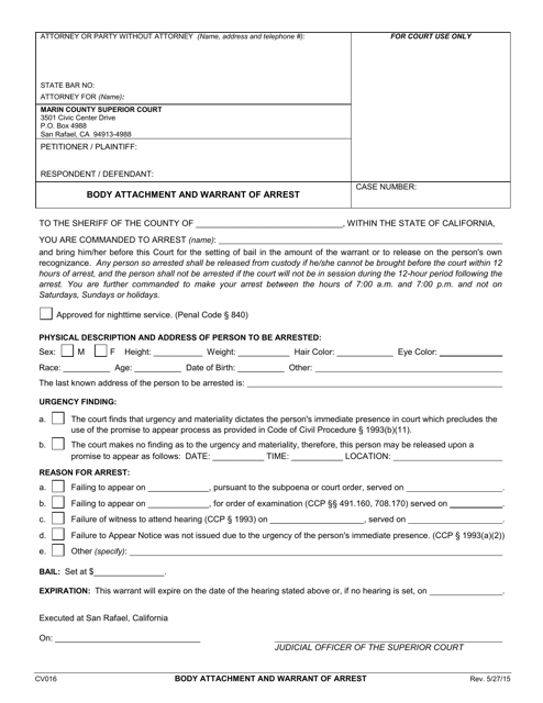 Form CV016 Body Attachment and Warrant of Arrest - County of Marin, California