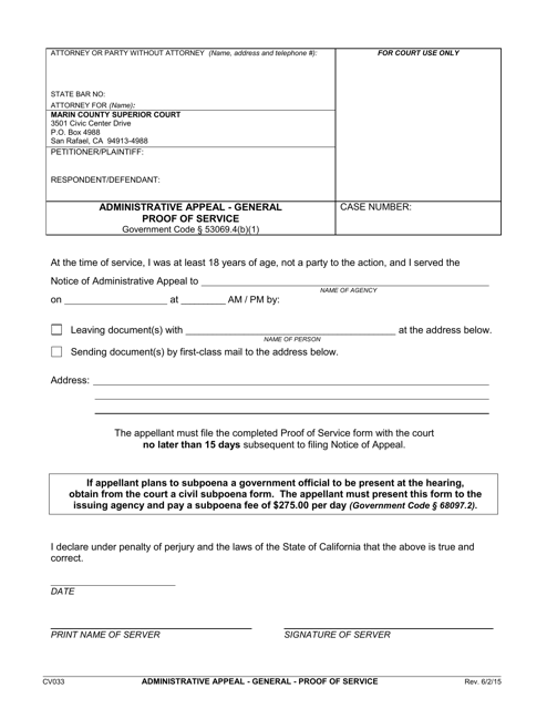 Form CV033 Administrative Appeal - General Proof of Service - County of Marin, California