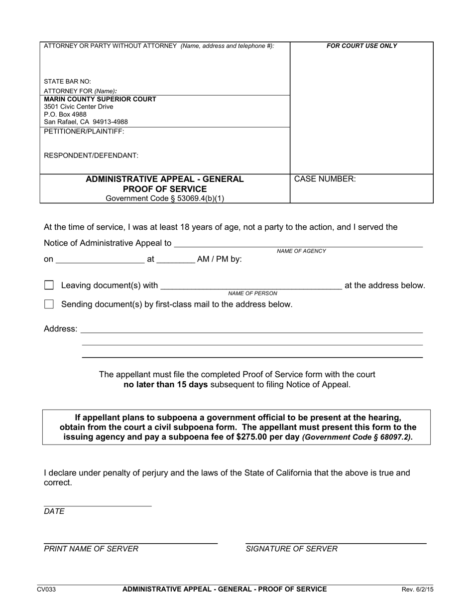 Form CV033 Administrative Appeal - General Proof of Service - County of Marin, California, Page 1