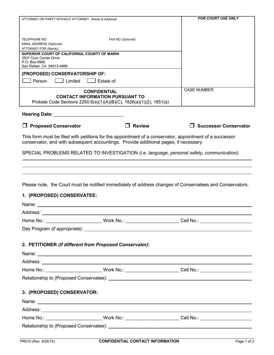Form PR015 Confidential Contact Information - County of Marin, California, Page 1