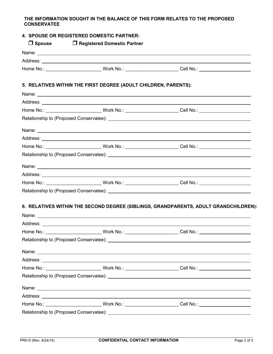 Form PR015 Confidential Contact Information - County of Marin, California, Page 2