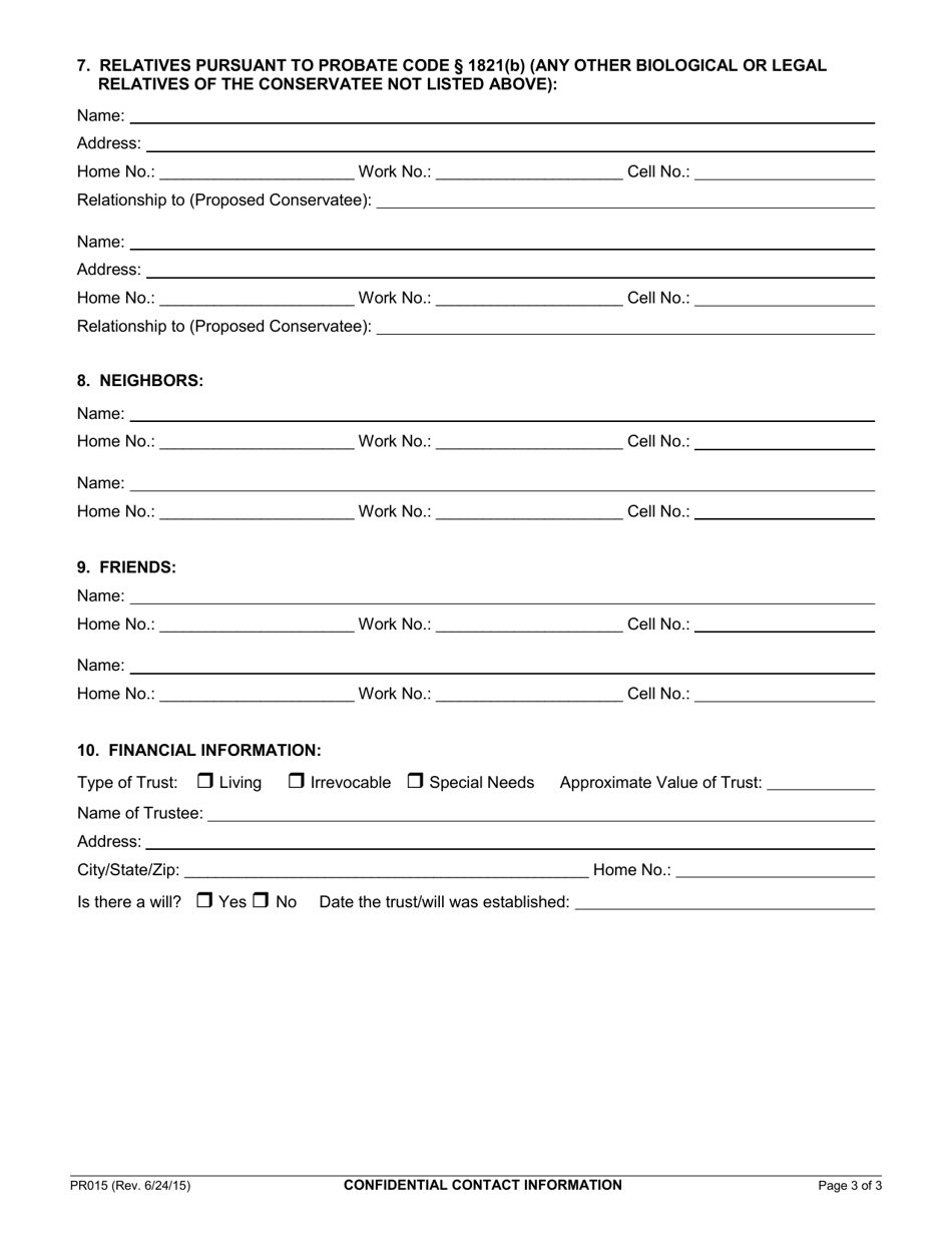 Form PR015 Confidential Contact Information - County of Marin, California, Page 3