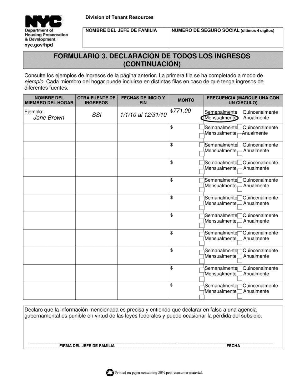 Formulario 3 Declaracion De Todos Los Ingresos - New York City (Spanish), Page 2