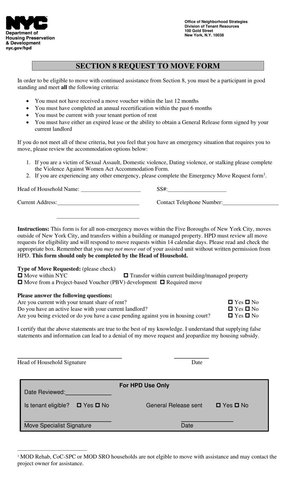Section 8 Request to Move Form - New York City, Page 1