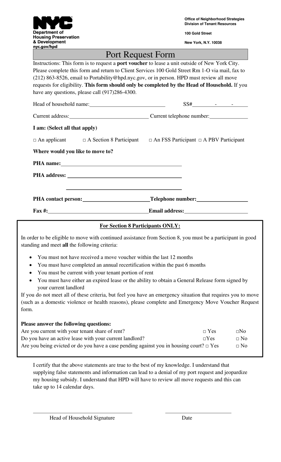 Port Request Form - New York City, Page 1
