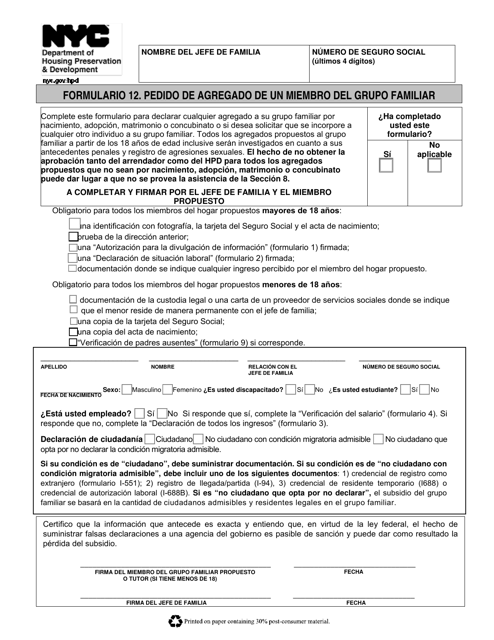 Formulario 12 Pedido De Agregado De Un Miembro Del Grupo Familiar - New York City (Spanish)