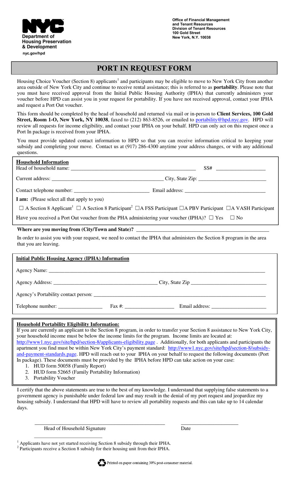 New York City Port in Request Form Fill Out, Sign Online and Download