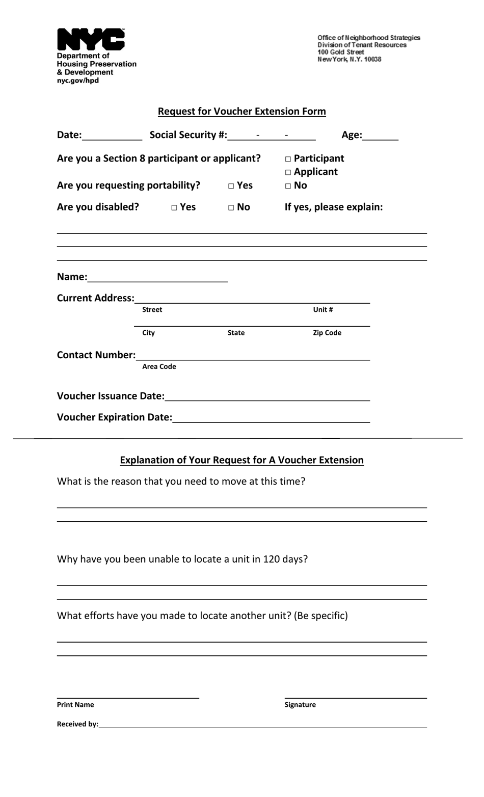 Request for Voucher Extension Form - New York City, Page 1