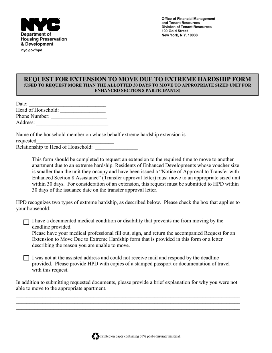 Request for Extension to Move Due to Extreme Hardship Form - New York City, Page 1