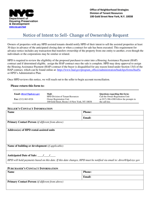 Notice of Intent to Sell - Change of Ownership Request - New York City Download Pdf