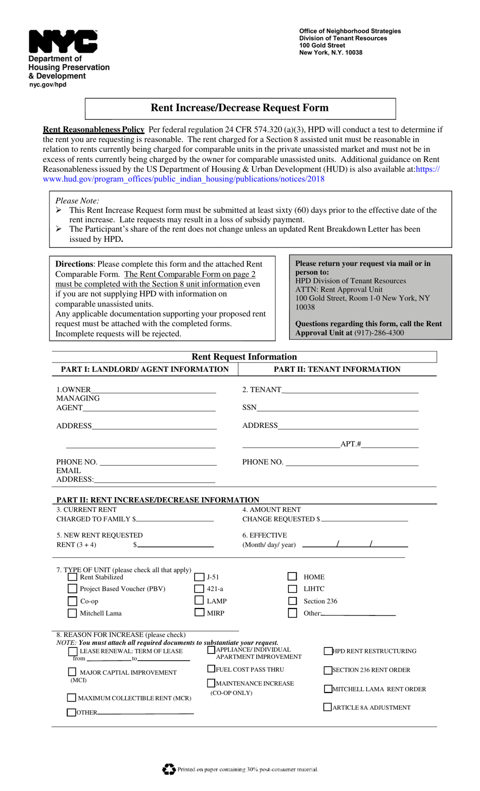 New York City Rent Increase/Decrease Request Form Fill Out, Sign