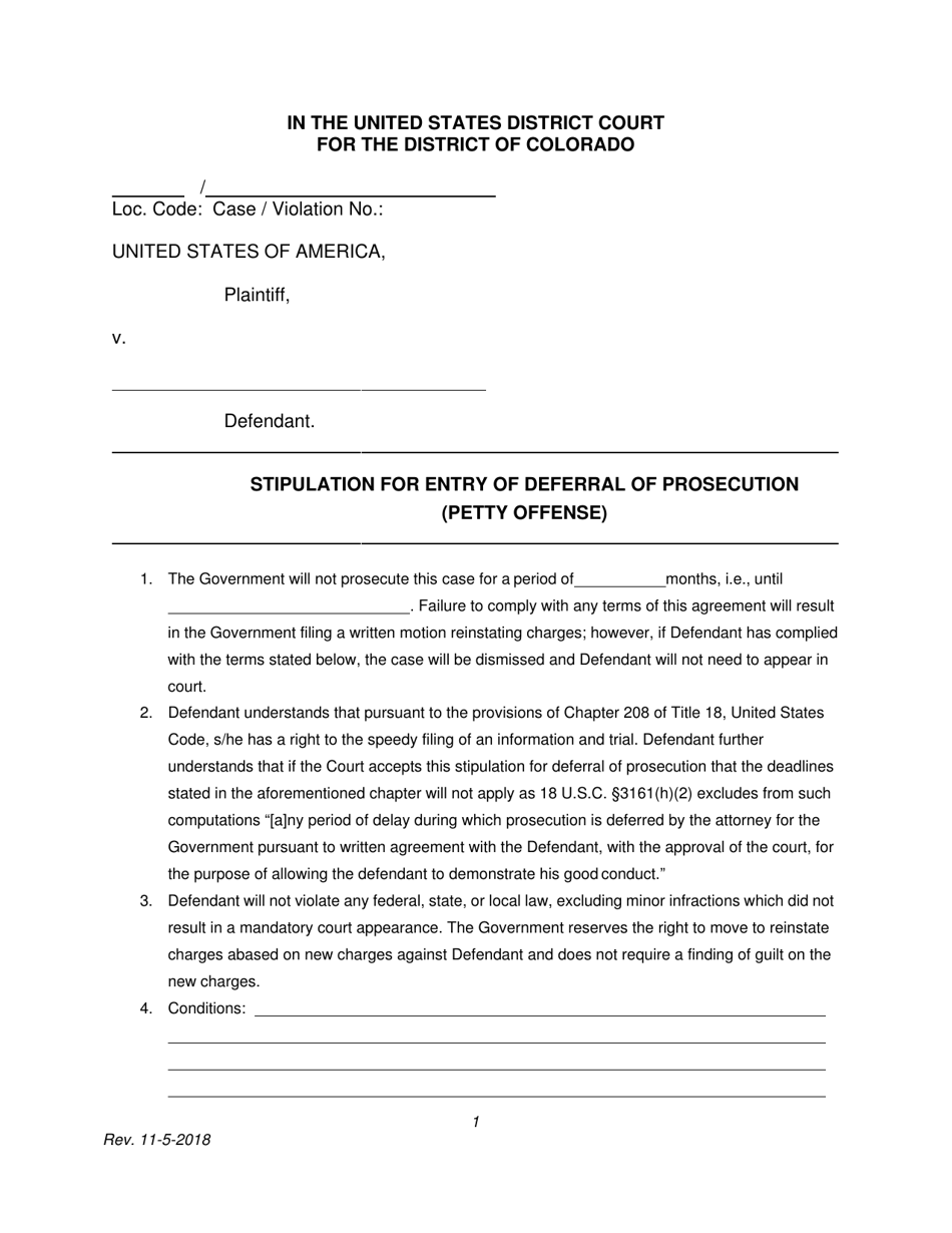 Stipulation for Entry of Deferral of Prosecution (Petty Offense) - Colorado, Page 1