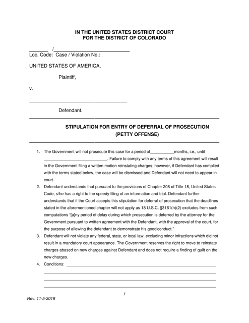 Stipulation for Entry of Deferral of Prosecution (Petty Offense) - Colorado Download Pdf