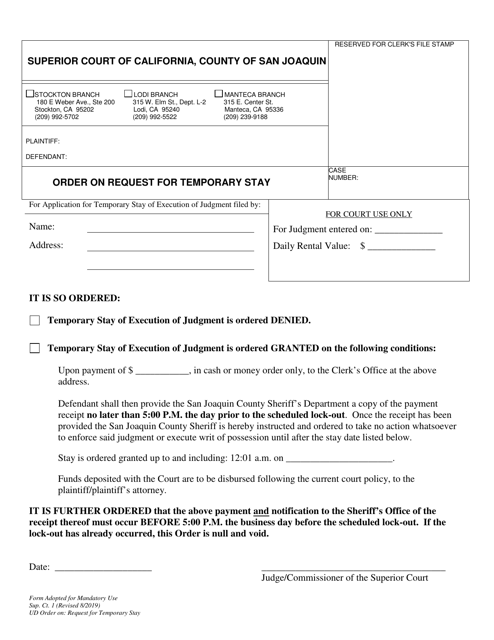 Form Sup. Ct.1 Order on Request for Temporary Stay - County of San Joaquin, California
