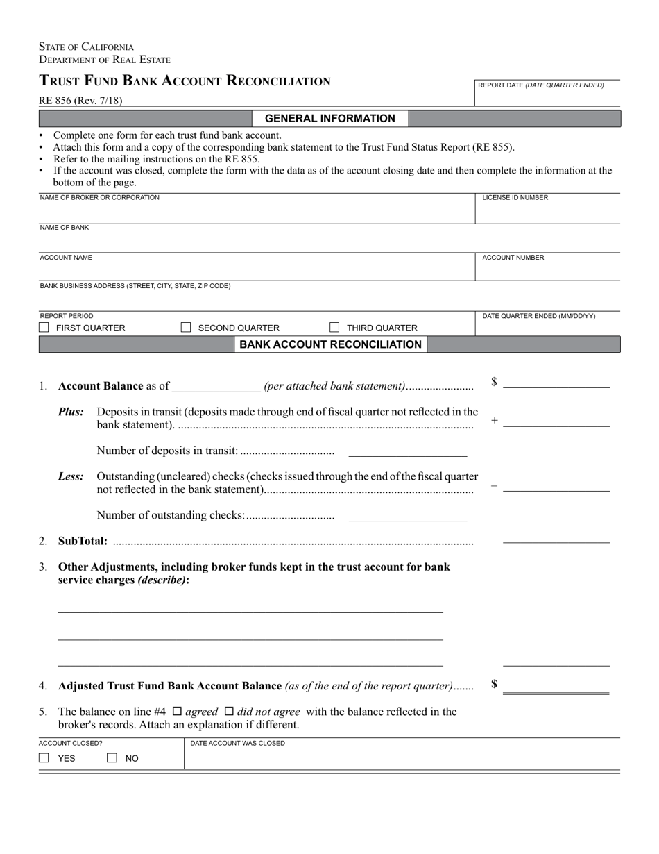 Form RE856 Trust Fund Bank Account Reconciliation - California, Page 1