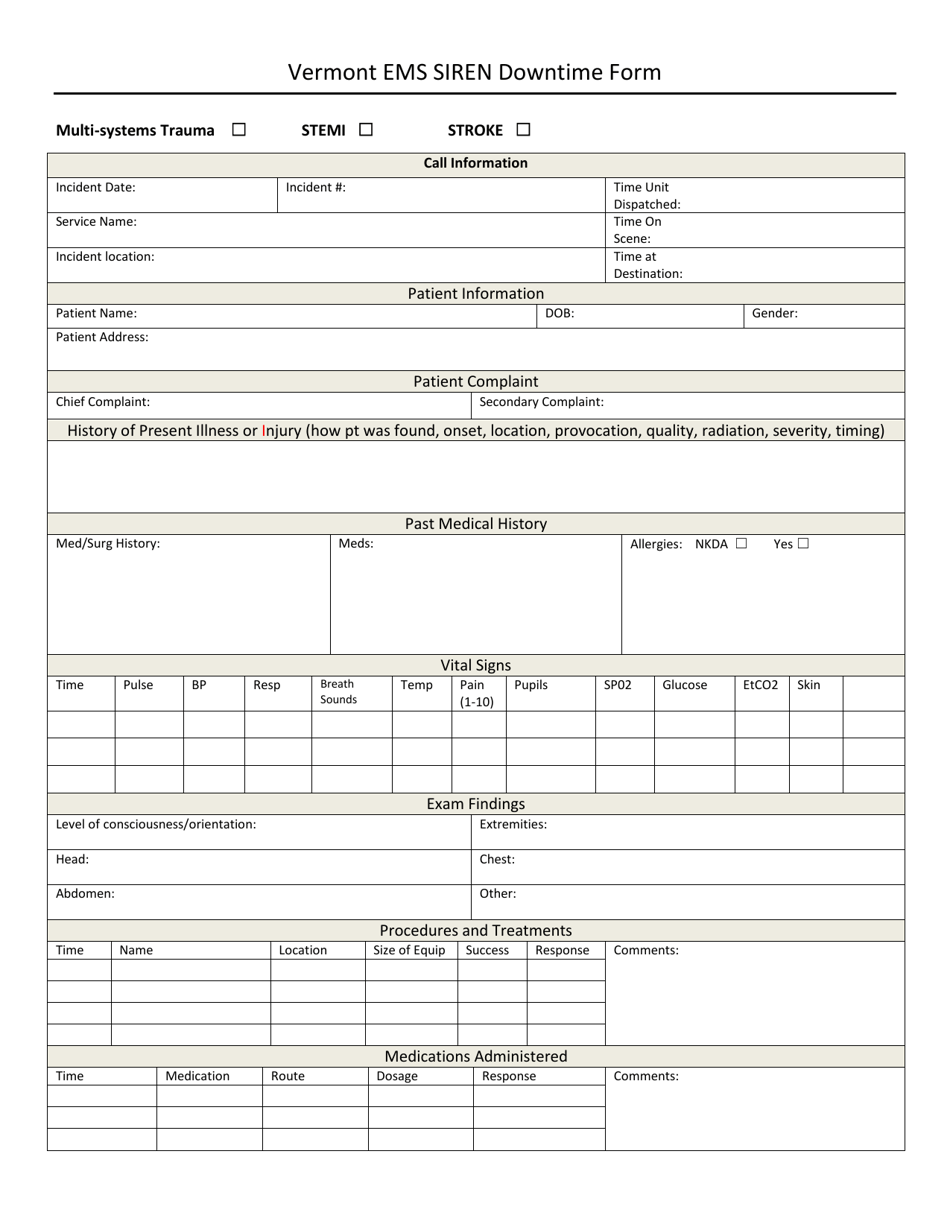 Vermont EMS Siren Downtime Form - Vermont, Page 1
